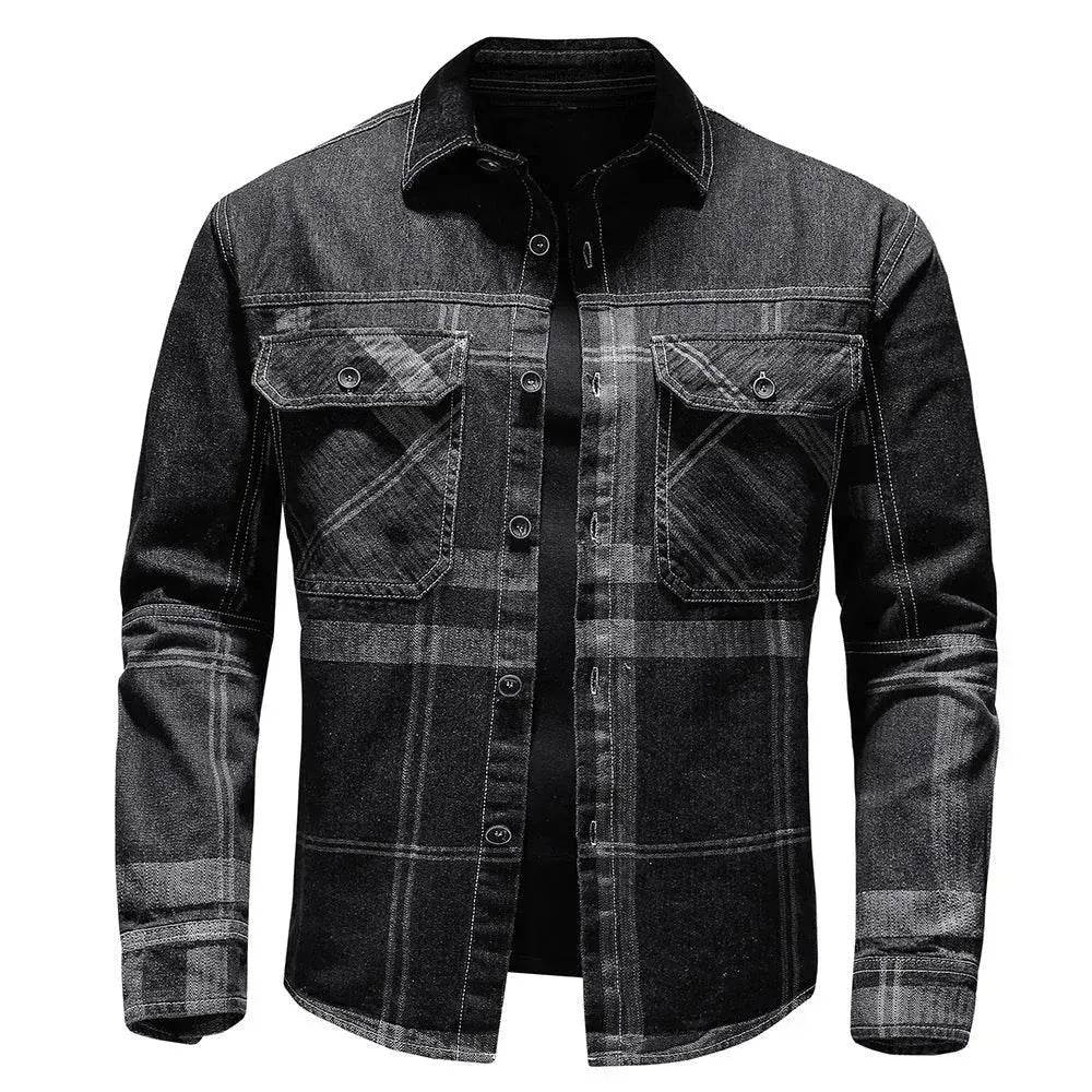Fashion Plaid Denim Long-sleeved mens denim shirt Slim fit Jeans Shirt for men Denim top for men - EX-STOCK Canada