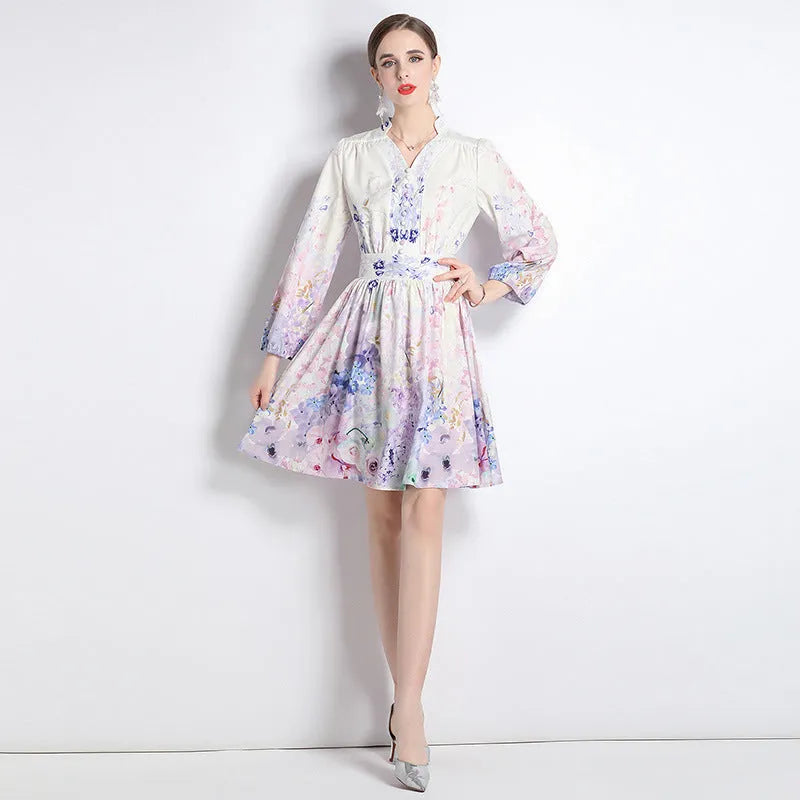 Elegant V-neck Vintage Floral Print Long Sleeves Dress Spring - EX-STOCK CANADA