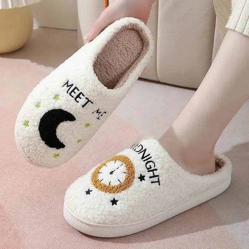Fashion Moon And Clock Print Home Slippers Winter Warm Floor Bedroom House Shoes For Women - EX-STOCK Canada