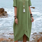 Women Maxi Dress Neck Pocket Summer Loose Casual Baggy Robe Female Retro Long Dresses - EX-STOCK CANADA