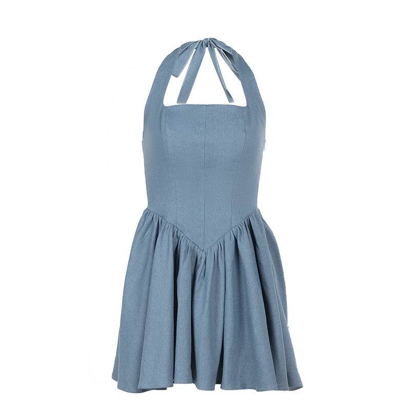 Women sleeveless Sling Waist jeans Denim Dress Backless halter neck flared mini dress - EX-STOCK Canada