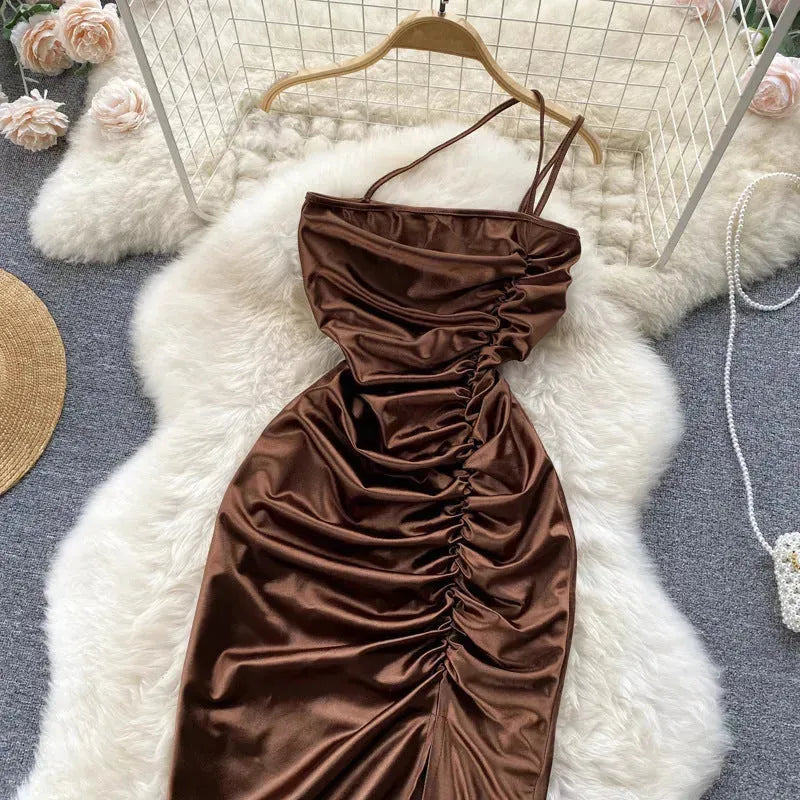 Elegant Women Sleeveless One shoulder Drawstring Satin Dress for Party, Wedding, Cocktail - EX-STOCK CANADA