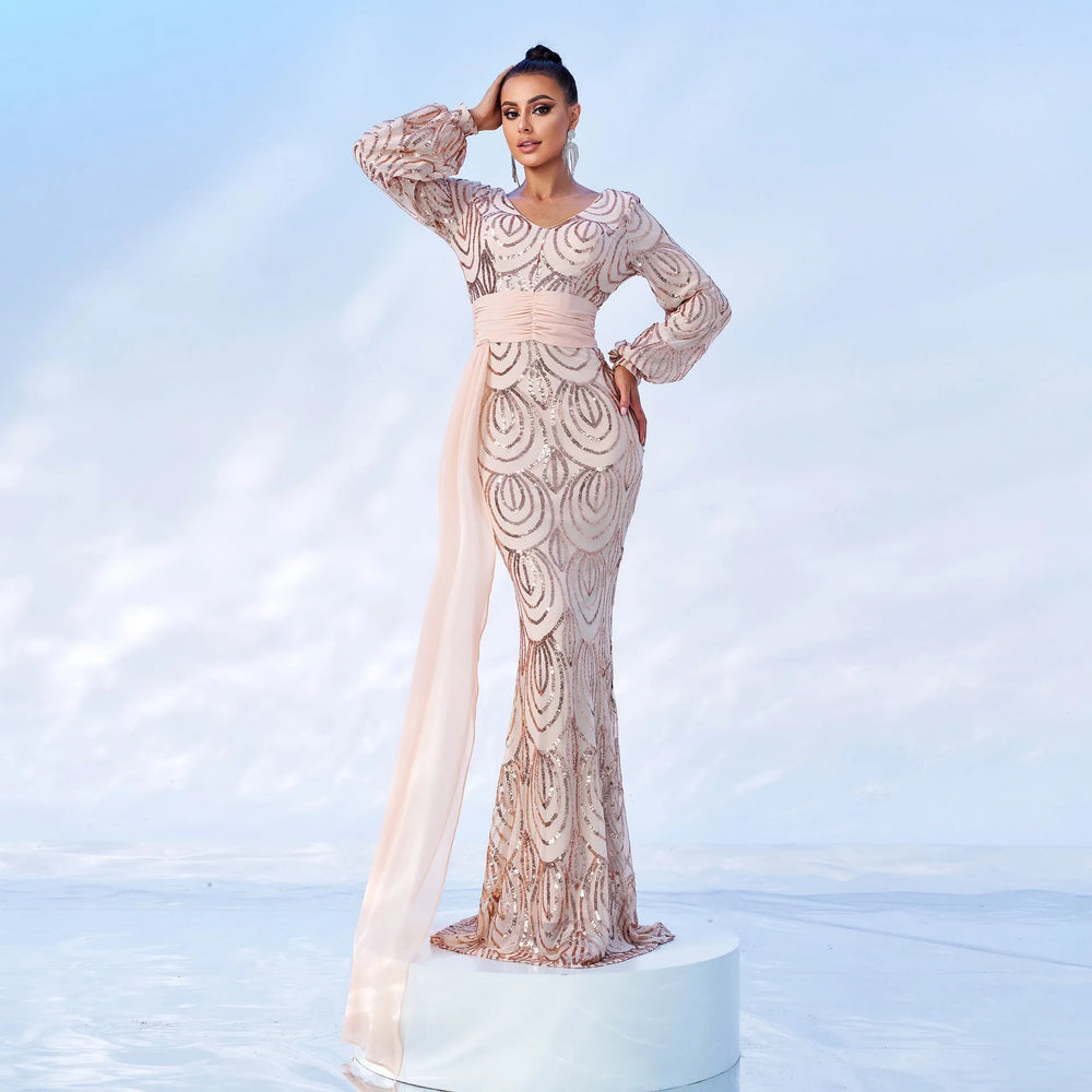 Long Sleeve Sexy Long Sequined V-neck Banquet Ribbon Evening Dress - EX-STOCK CANADA