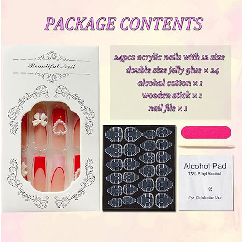 24 PCS Strawberry Bow Nail Art, Long Length Long Water Pipe Fake Nails,Square Head Nail Tips False Nail EX-STOCK Canada 