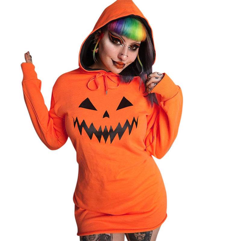 Halloween Costume Pumpkin Print Long Sleeve Hoodie Dress - EX-STOCK Canada
