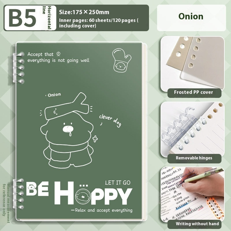 Green notebook with a cartoon dog illustration and text, featuring a frosted PP cover and removable hinges.