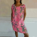 Casual Floral Printed Straight Dress Summer Loose Round Neck Short Sleeve Midi Dresses Womens Clothing - EX-STOCK CANADA