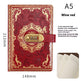 Wine red notebook with gold accents and a combination lock, dimensions and material details shown.