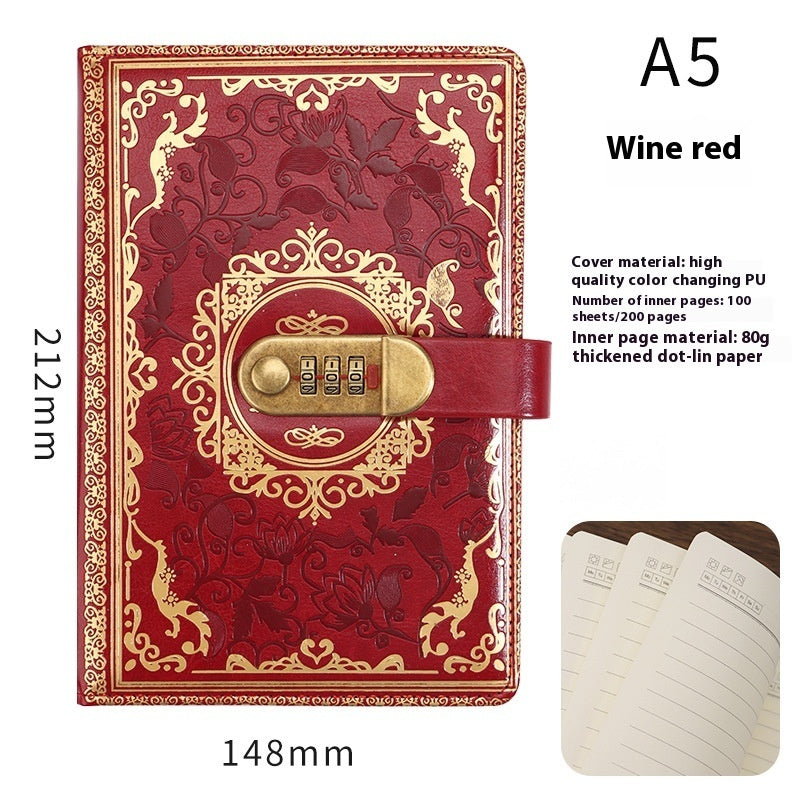 Wine red notebook with gold accents and a combination lock, dimensions and material details shown.