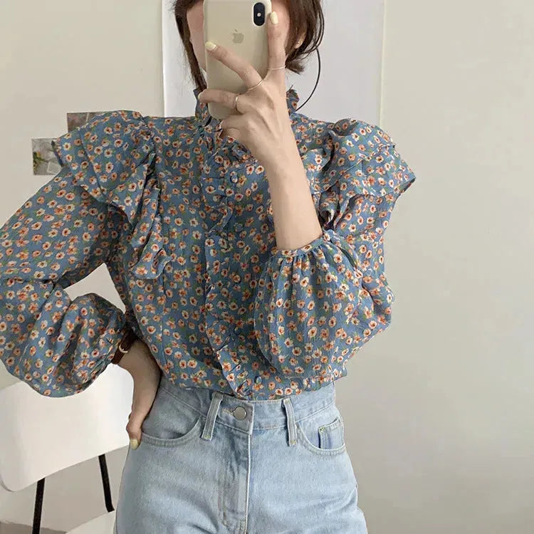 French Retro Floral Blouse Women Wood Ear blouse Women - EX-STOCK CANADA