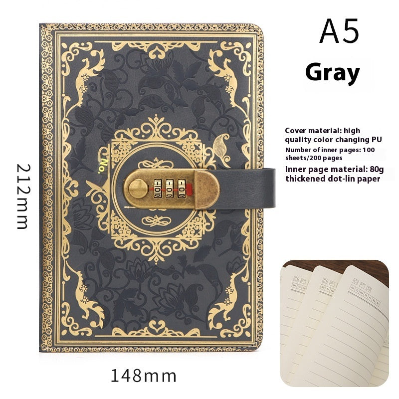 Decorative notebook with gold lock design on a white background