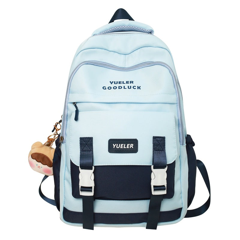 Light blue backpack with black accents and 'Yueler' branding on a white background