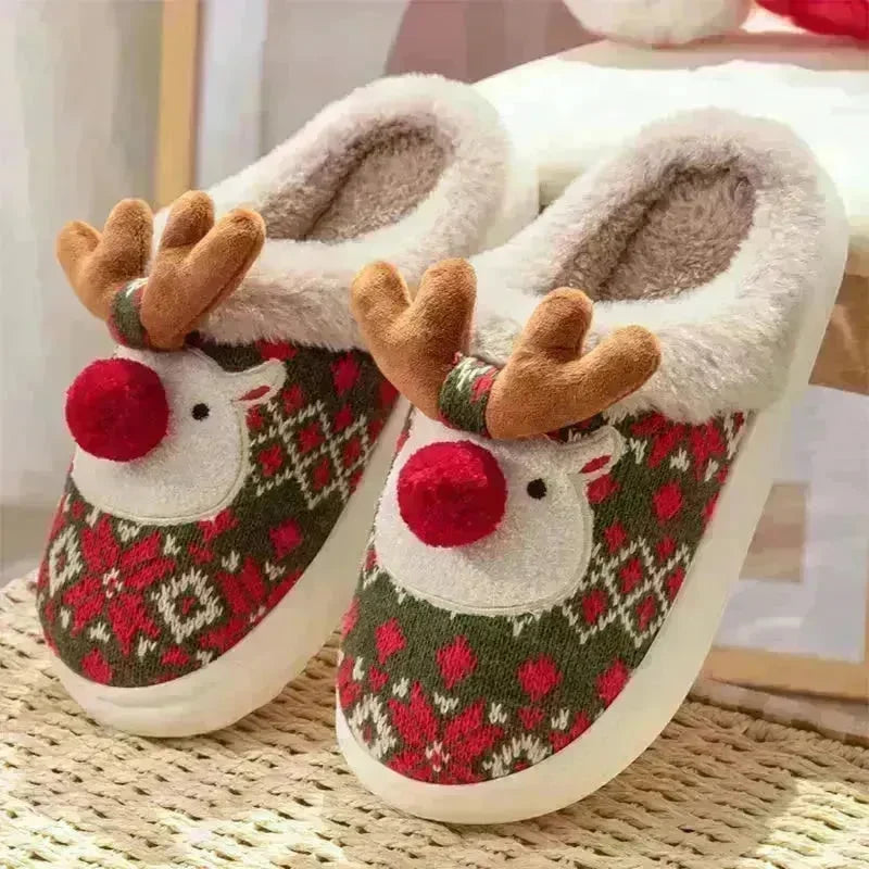 Cute Christmas Elk Plush Slippers Winter Ins Fashion Non-slip Floor Bedroom Home Slippers For Women Fuzzy House Shoes - EX-STOCK CANADA