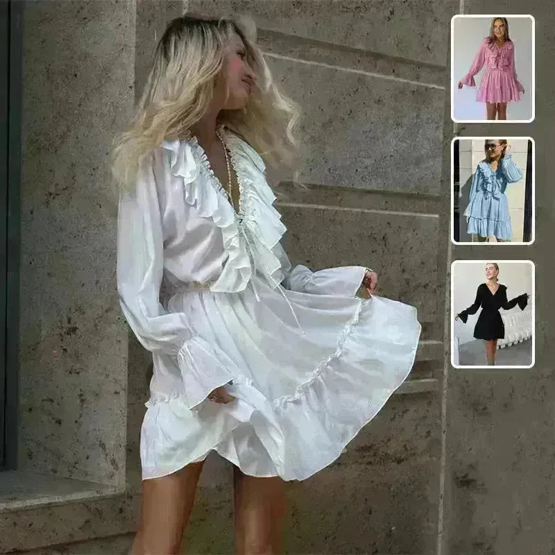 Casual Fashion V Neck Pleated Ruffle Long Sleeve Dress Y2K V Neck Flared Sleeve Short Mini Skater Dress Women's Clothing - EX-STOCK CANADA