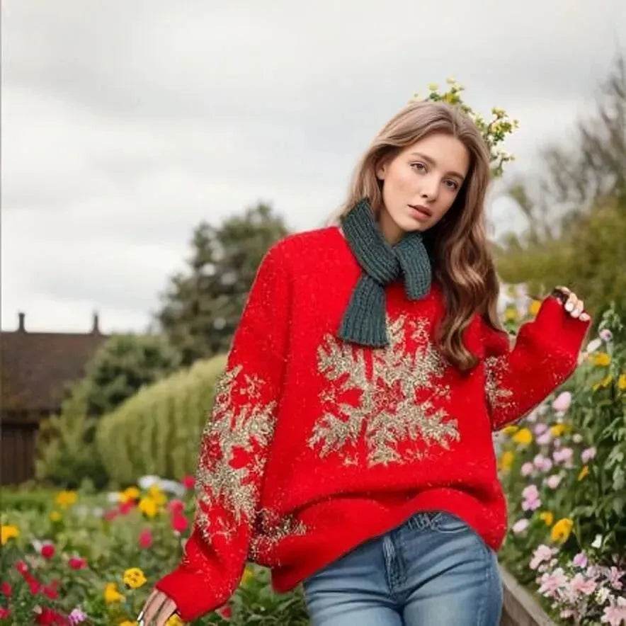 Christmas Deer Snowflakes Knit Sweater Pullover Round Neck Christmas Elk - EX-STOCK Canada