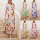 Summer Print Dresses V-neck Button Short Sleeve Midi Dress - EX-STOCK Canada