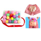 Colorful ball pit with a red bag, anatomical model of a waist, and a person wearing a waist pouch filled with balls.