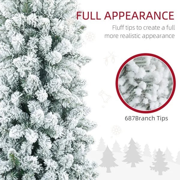 7ft Pencil Christmas Tree, Flocked Tree With 687 Branch Tips And Metal Base For Home, Indoor, Holiday EX-STOCK Canada 