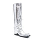 Silver metallic knee-high boot on a white background