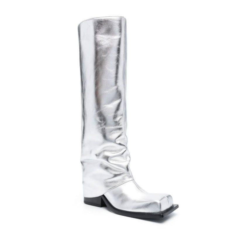Silver metallic knee-high boot on a white background