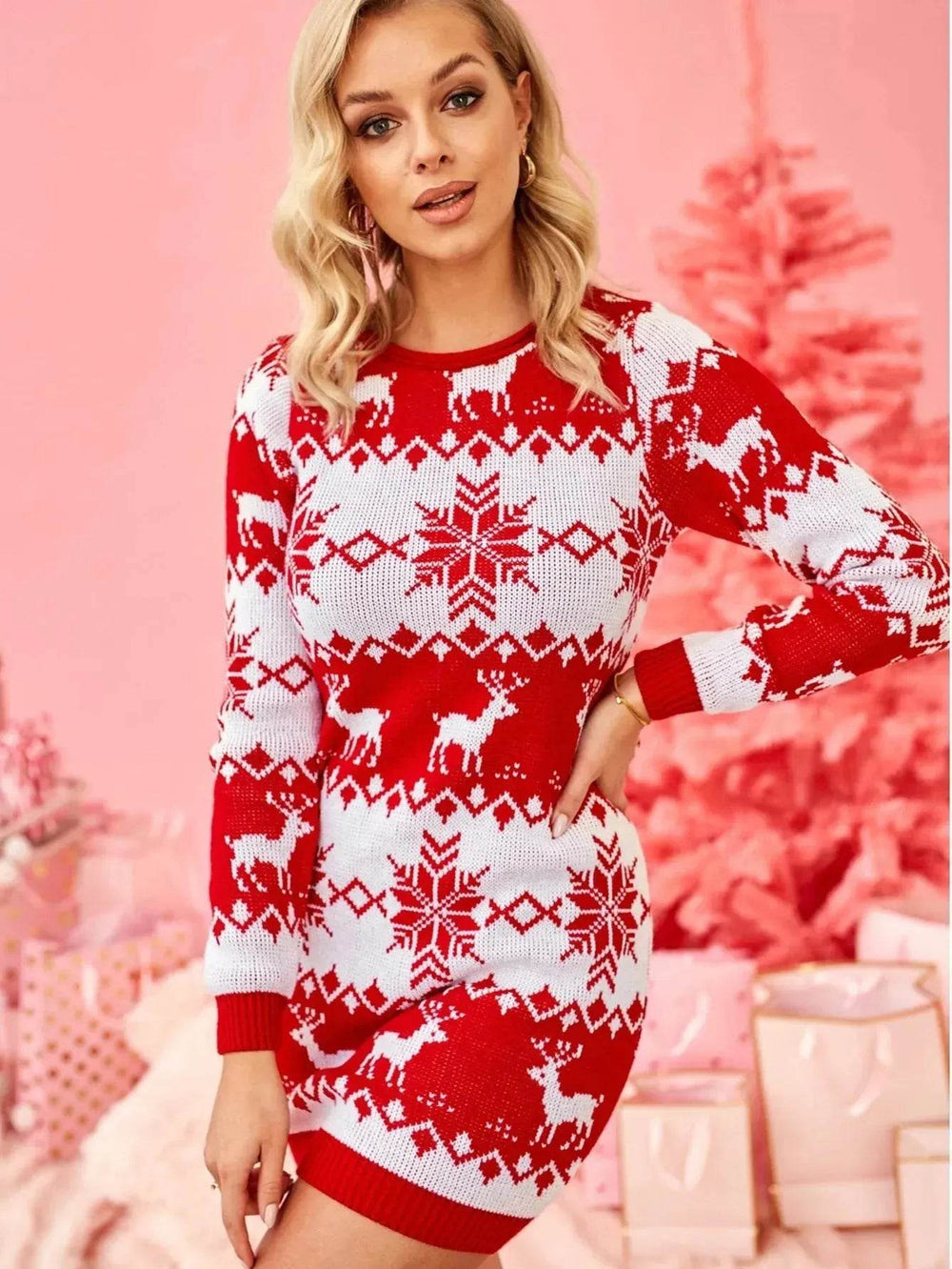 Mini Jumper dress Winter Christmas Sweater Dress Deer Jacquard dress - EX-STOCK Canada