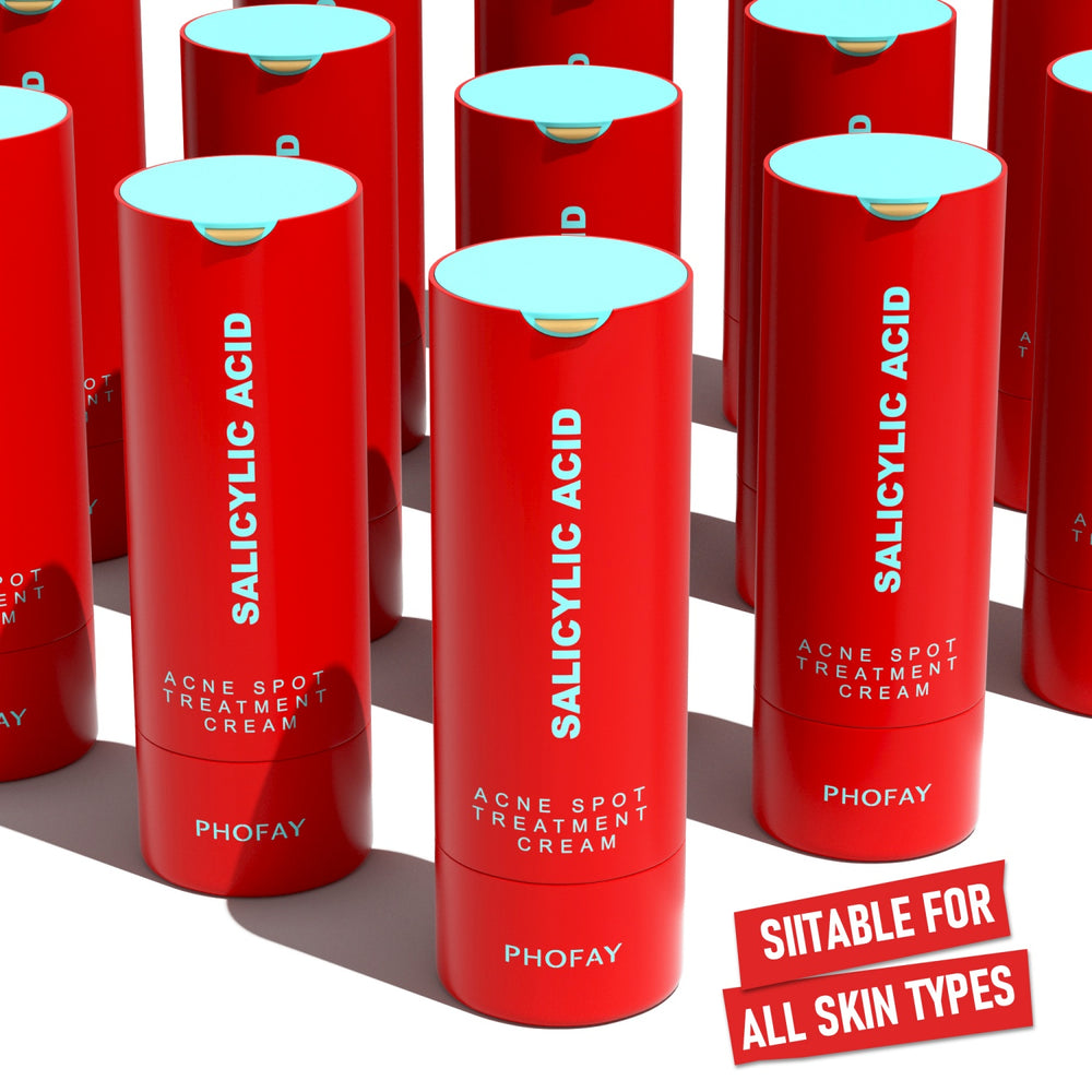 Red containers of Salicylic Acid treatment cream with 'PHOFAY' branding on a white background.
