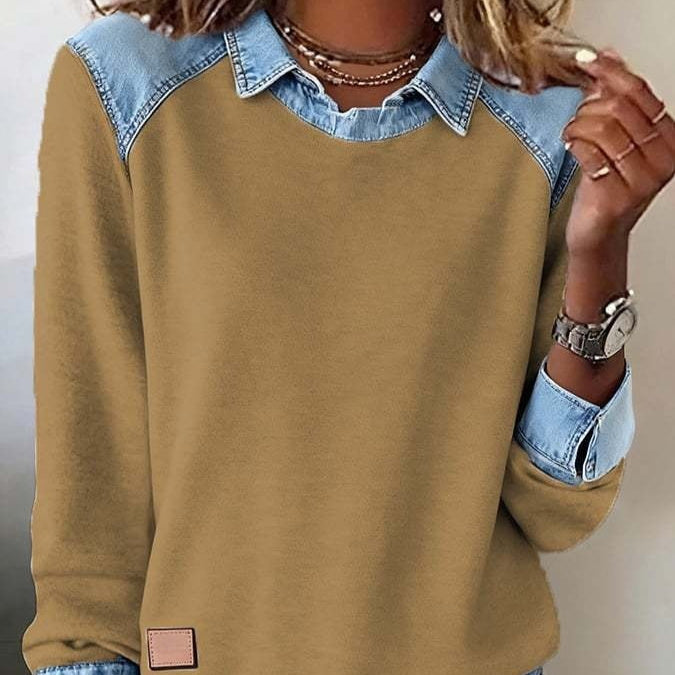 Denim Collar Long Sleeve Patchwork Knit Pullover Top – 16 Colours, S–XXXL