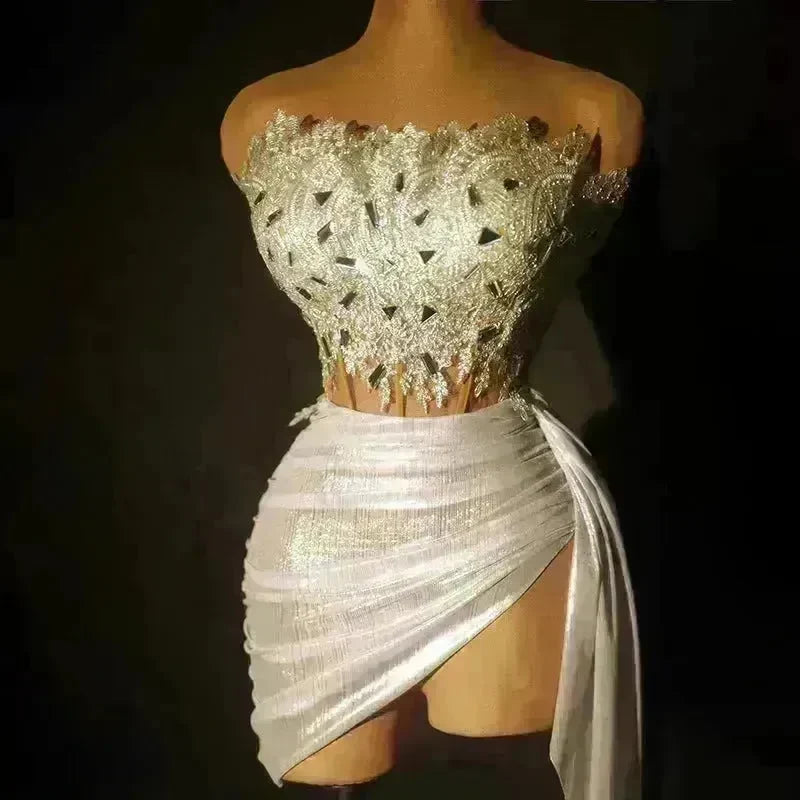 Strapless Tassle  Corset dress Women's Tube Top Rhinestone Chain Skirt Outfit for Evening party Cocktail event - EX-STOCK CANADA