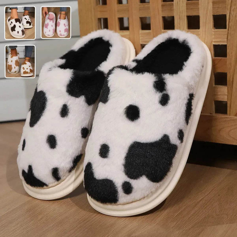 Cute Cow Spotted Plush Slippers Winter Warm Non-slip Bedroom Floor Fuzzy Slipper Couple Women House Shoes - EX-STOCK Canada