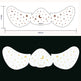 Mustache-shaped stickers with star and moon patterns on a white background, with measurements indicated.