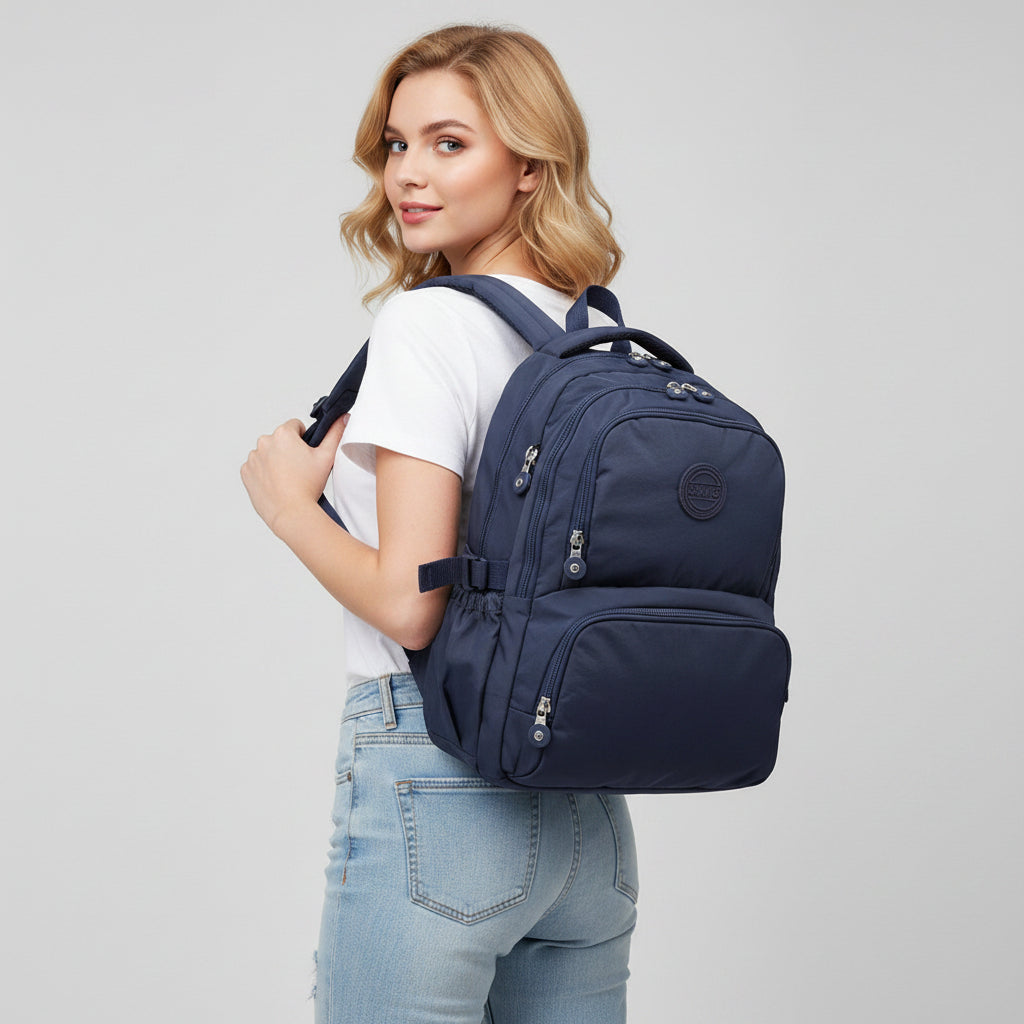 Woman wearing a blue backpack against a brown background