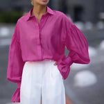Loose Lapel Lantern Long Sleeves Blouse Shirt For Women - EX-STOCK CANADA