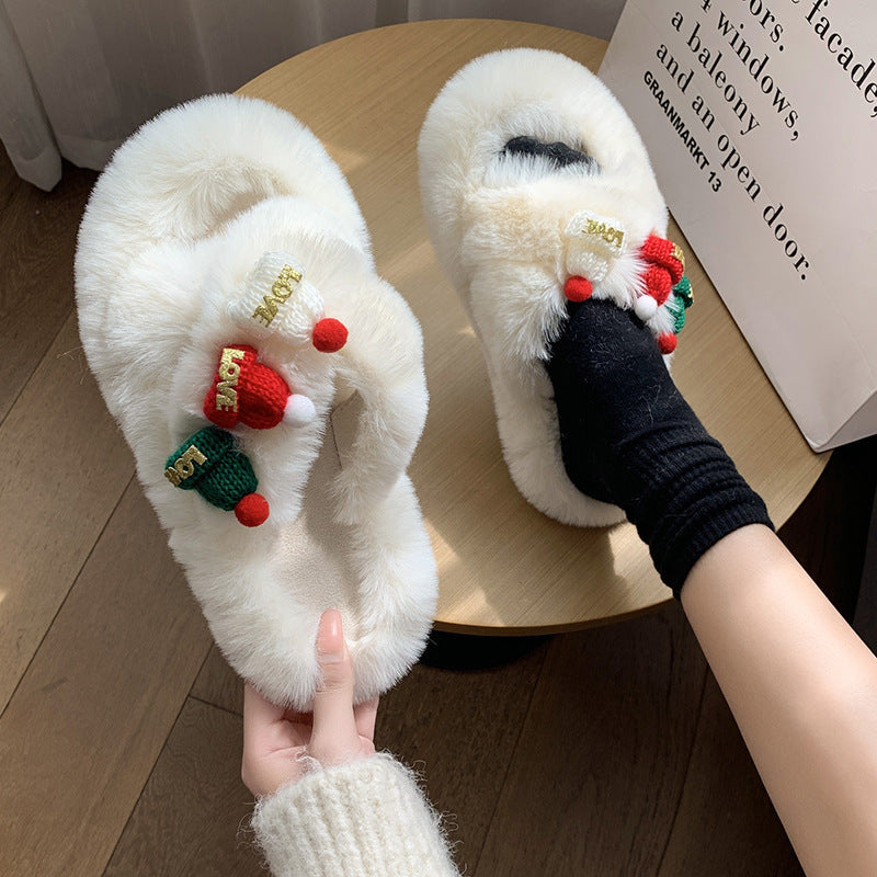 Christmas Hat Fluffy Slippers Women's Warm Toe Covering Cotton Slippers EX-STOCK Canada 
