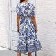 Puff Sleeve dress V Neck Blue Floral Bohemian Midi Dress EX-STOCK