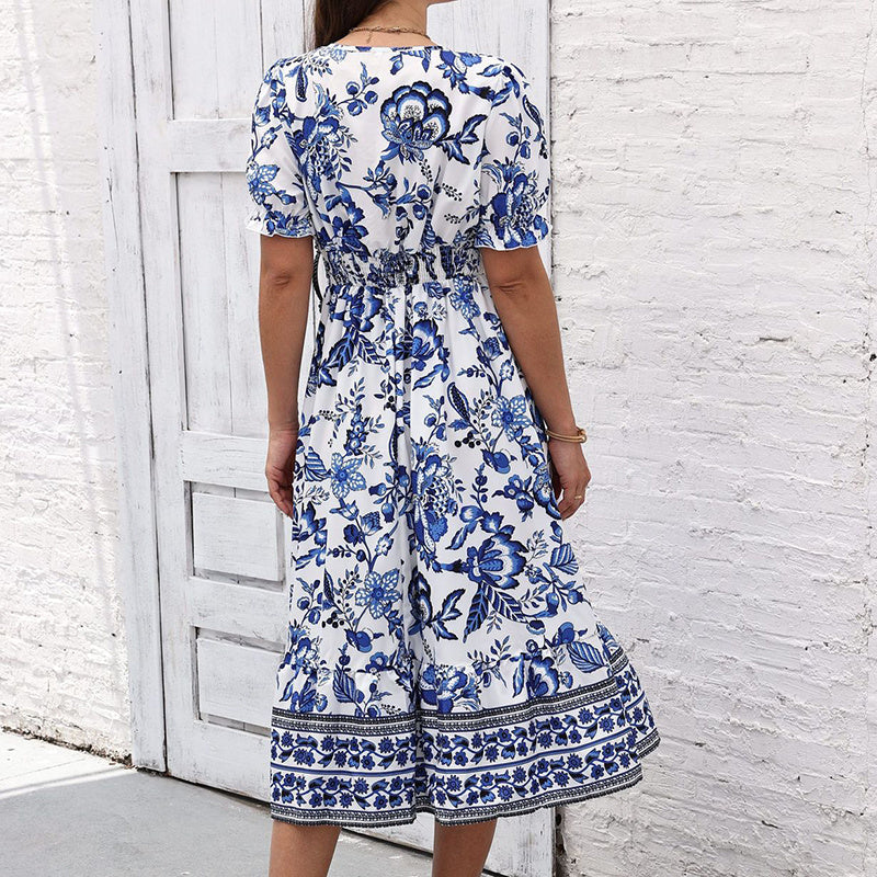 Puff Sleeve dress V Neck Blue Floral Bohemian Midi Dress EX-STOCK