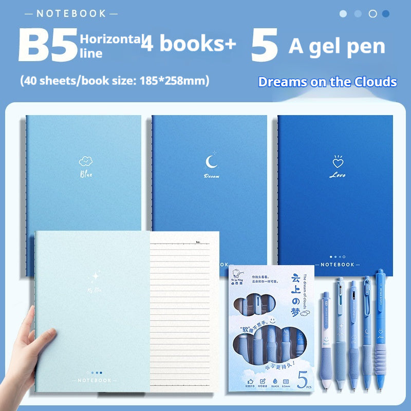 Set of notebooks and gel pens with decorative elements on a blue background