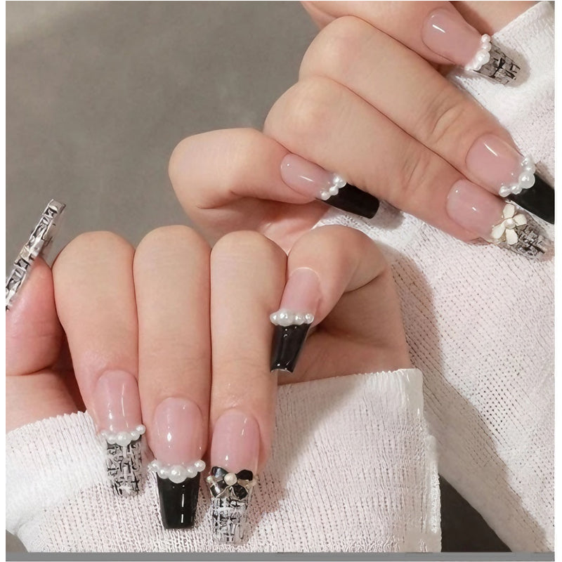 24 PCS Black And White CC Nail Art, Long Length Long Water Pipe Fake Nails,Square Head Nail Tips False Nail EX-STOCK Canada 