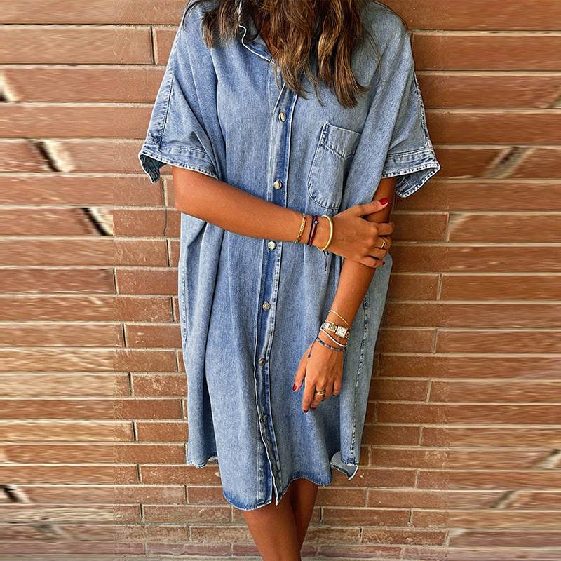 Women's Solid Color Single Row Multi-buckle loose Dress Short Sleeve Denim - EX-STOCK Canada