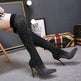 Bottes cuissardes à talons aiguilles pour femmes – Bout pointu, chaussette en mesh scintillant, talons hauts au-dessus du genou 