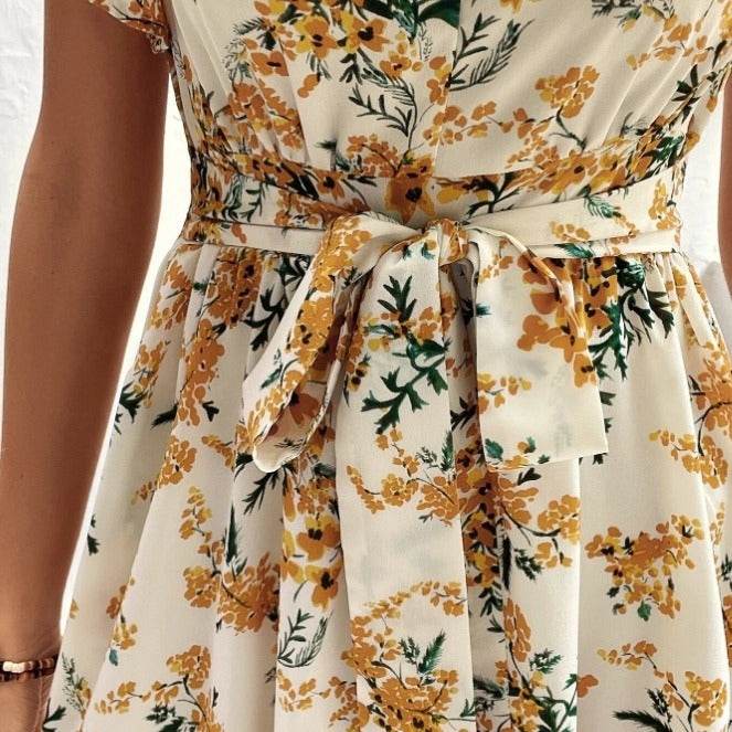 Women Bohemian Spring Short sleeve Casual flowy V-neck Tie belt Floral Summer Midi Dress - EX-STOCK Canada