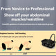 Promotional graphic for an abdominal exercise device, featuring large text reading 'From Novice to Professional Show off your abdominal muscles/waistline' on a gray background, a beige instruction panel with half-kneeling exercise illustrations and measurements, and a black abdominal roller massager shown on the right.