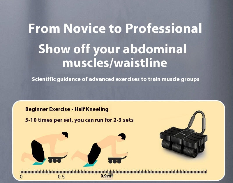 Promotional graphic for an abdominal exercise device, featuring large text reading 'From Novice to Professional Show off your abdominal muscles/waistline' on a gray background, a beige instruction panel with half-kneeling exercise illustrations and measurements, and a black abdominal roller massager shown on the right.