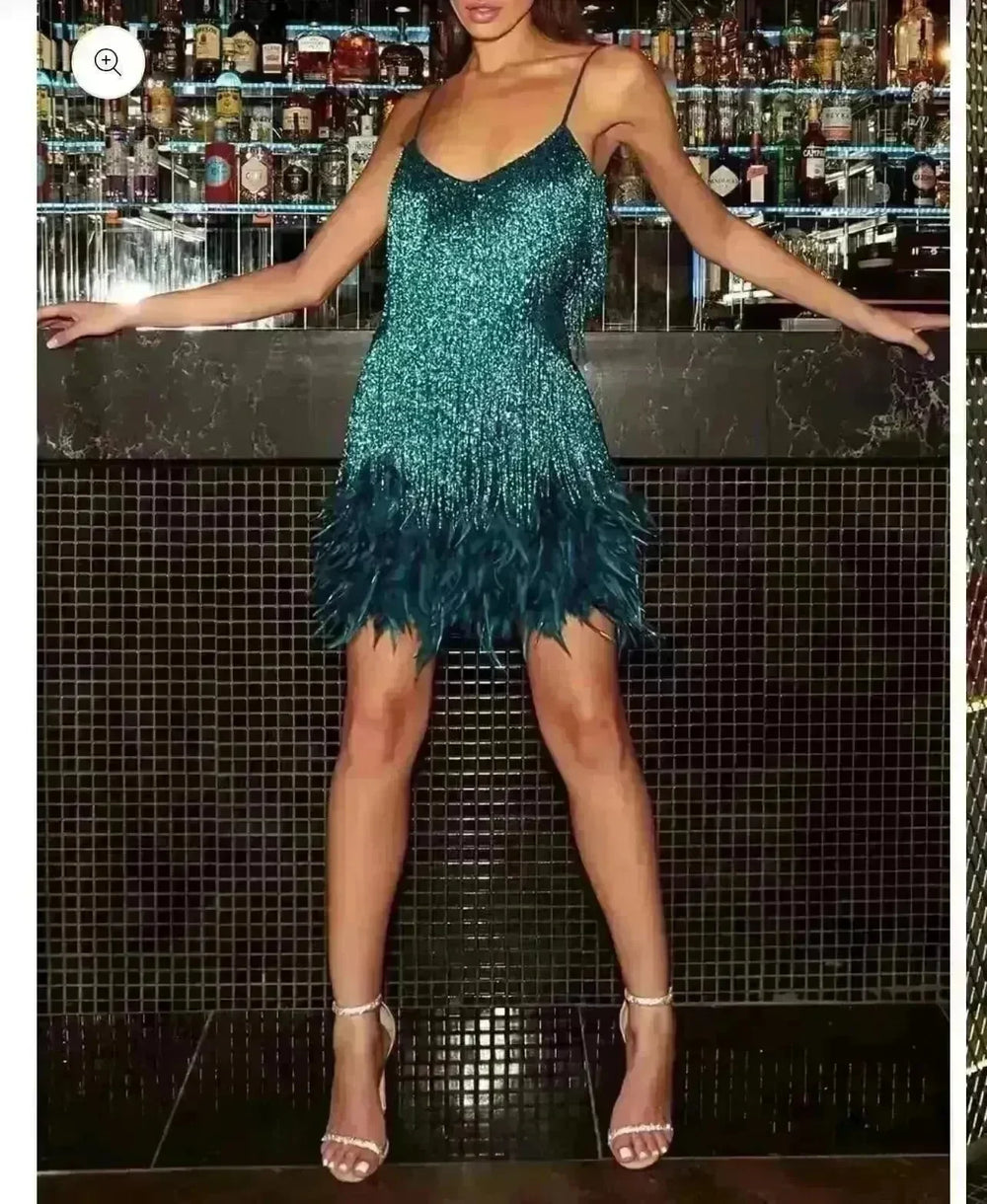 Elegant Chic Spaghetti Strap Luxury Tassel Sequins Feather Women’s Mini Dress for Evening Party, Cocktail Wedding Guest. - EX-STOCK CANADA