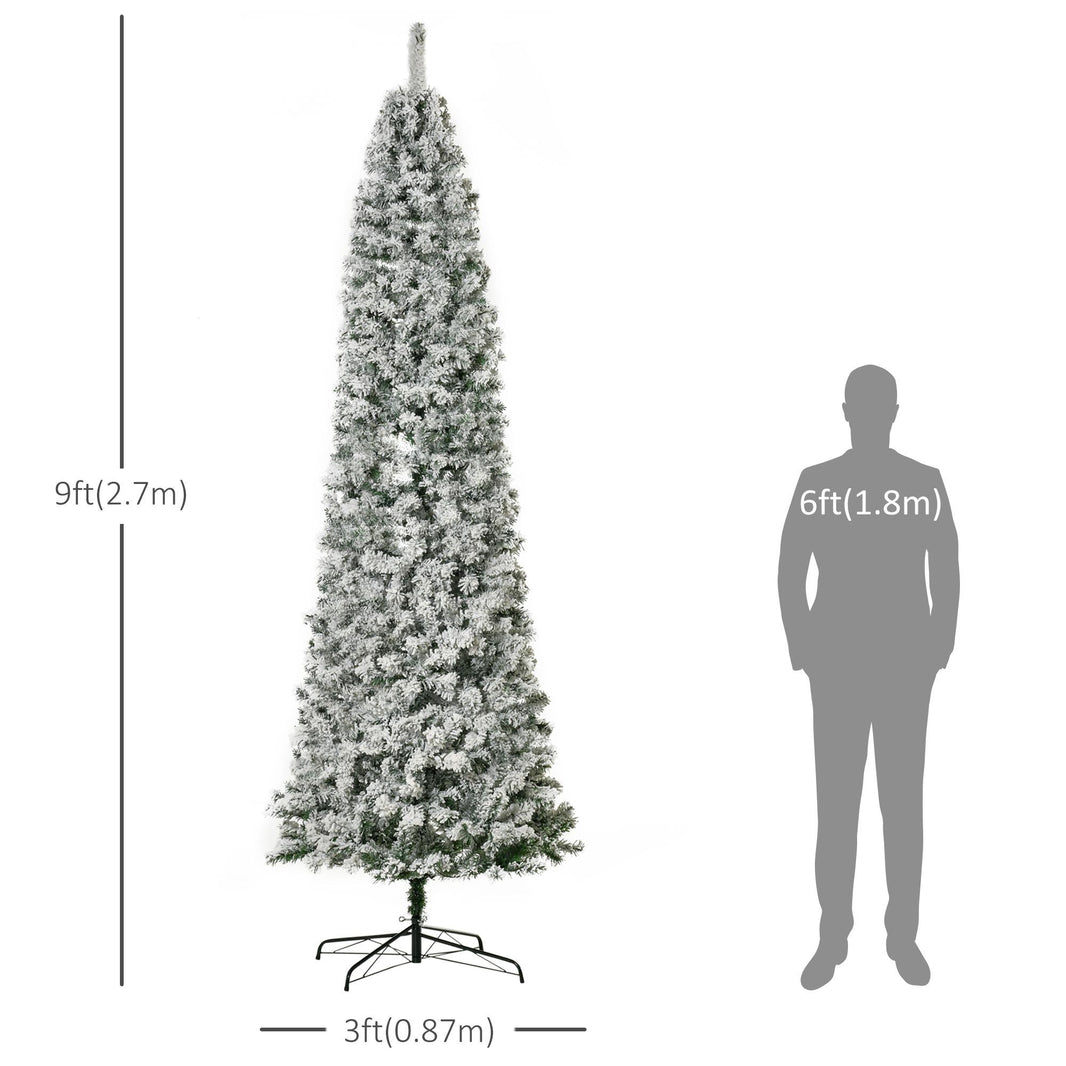 9 Feet Prelit Artificial Snow Flocked Pencil Christmas Tree, Slim Xmas Tree With Warm White LED Light, Holiday Home Xmas Decoration, Green EX-STOCK Canada 
