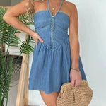 Fashion Women's Halter Denim Mini Flared Dress - EX-STOCK CANADA