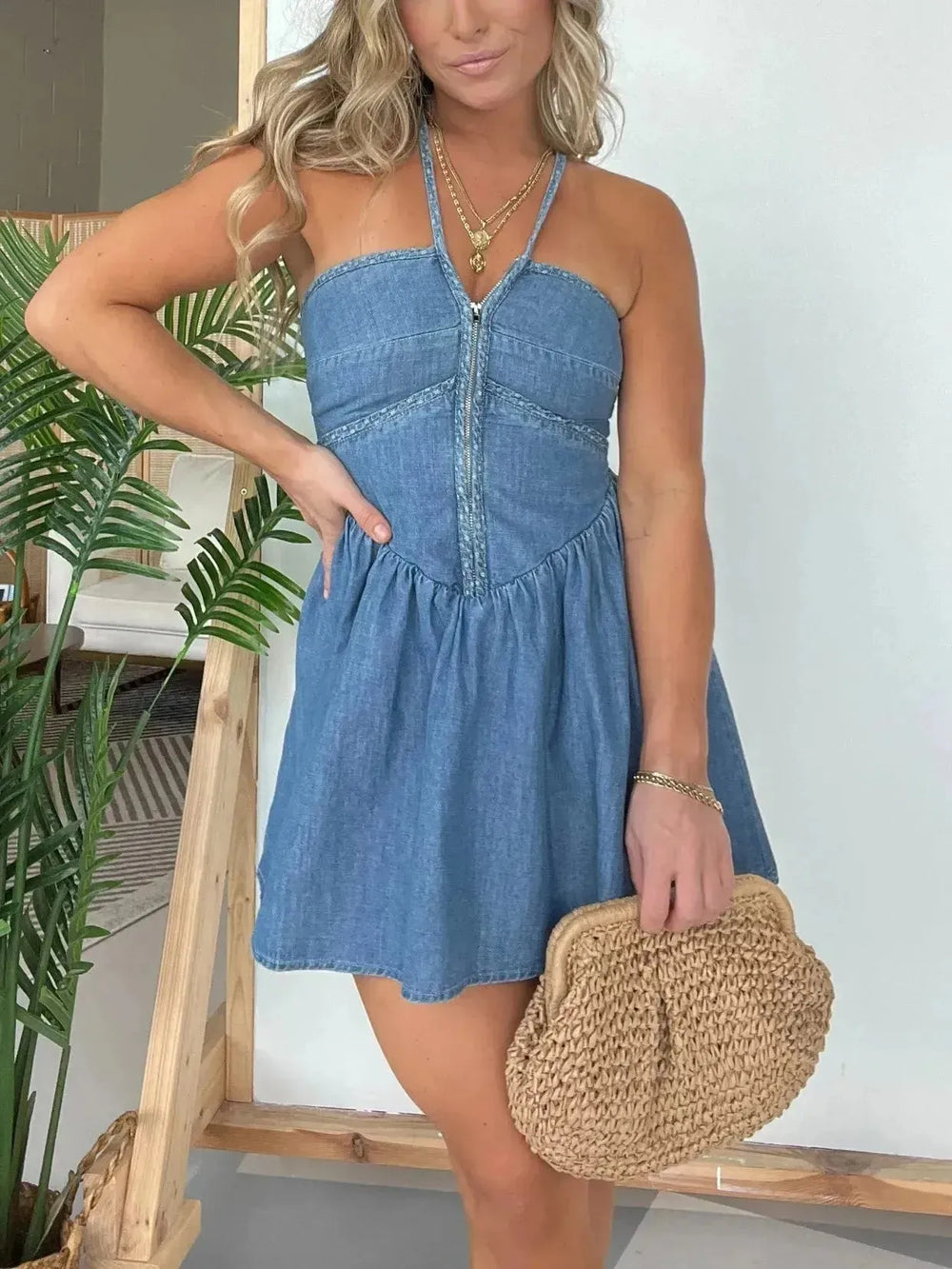 Fashion Women's Halter Denim Mini Flared Dress - EX-STOCK CANADA