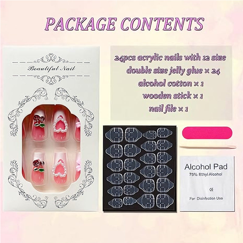 24 PCS Ongles Art Cerise avec Nœud, Faux Ongles Longs Style Pipe à Eau, Pointes d'Ongles CarréesEX-STOCK Canada 