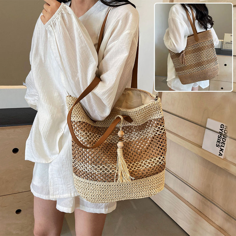 Striped Straw Beach Tote Bag with Tassel – Large Capacity Boho Shoulder Bag | Beige & Brown