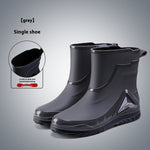 Gray rain boots with a close-up inset on a gray background