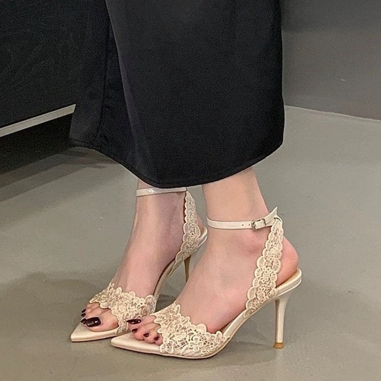 2026 Summer New French Niche Design Women Sandals, Pointed Toe Lace Stiletto High Heel Open Toe Outdoor Shoes 